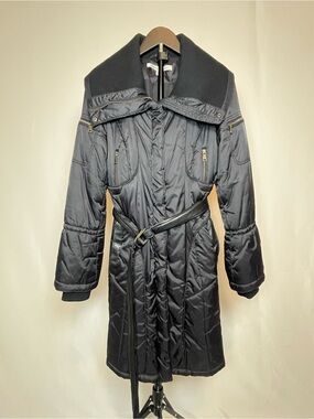 Andrew Marc Women's Black Long Quilted Belted Coat